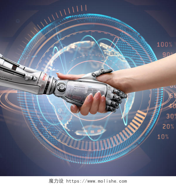 女性人类与机器人握手象征着人与人工智能技术之间的联系团结握手美好未来合作平台